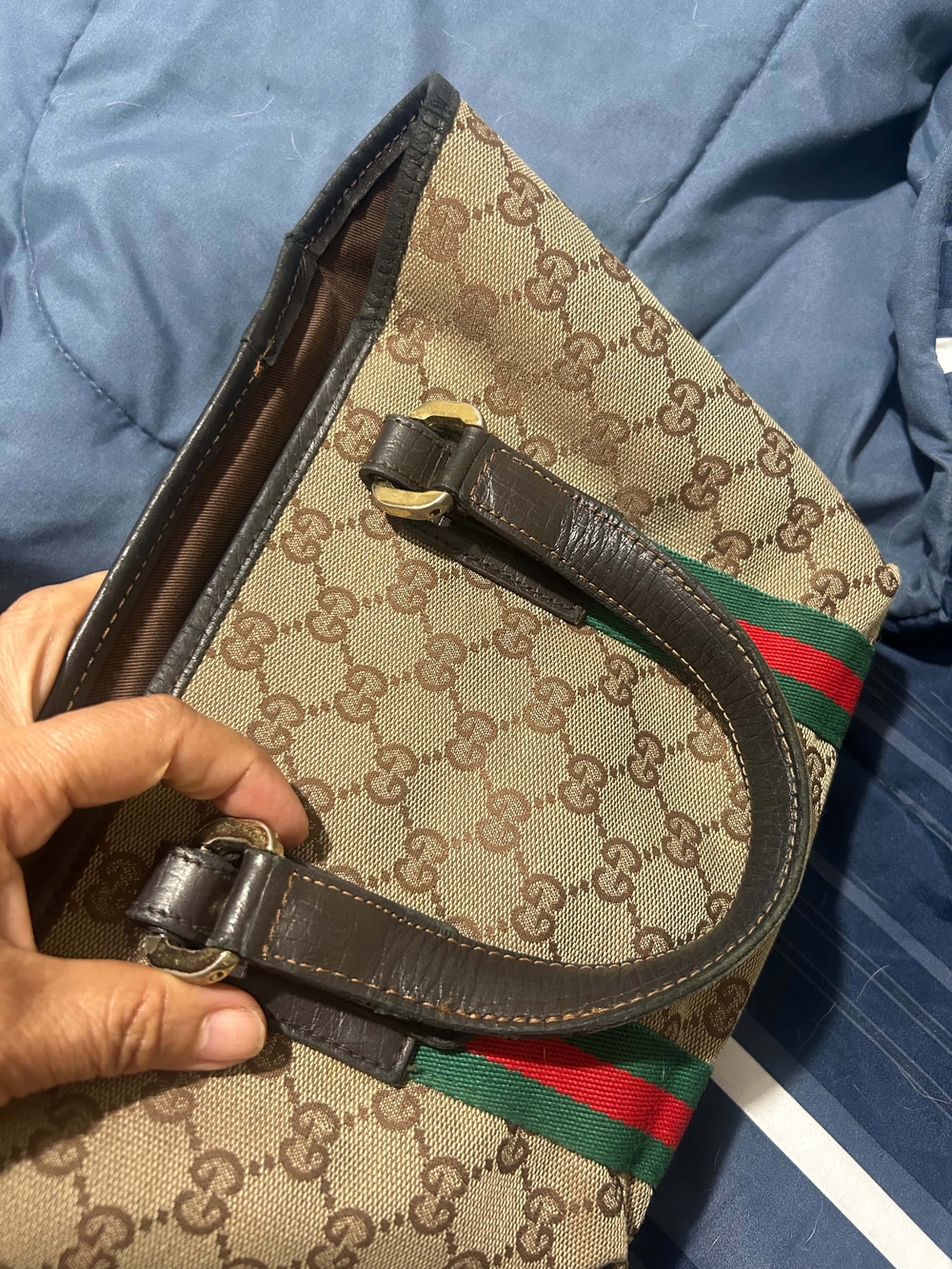 Gucci Beige Brown Monogram Canvas Tote with Green-Red Web Stripe